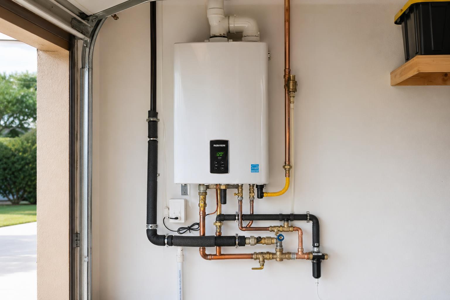 Professionally installed tankless water heater with clean copper piping by Ascalon Plumbing